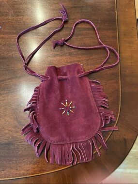 Native American handsewn suede Fringe Beaded Drawstring Medicine Bag in Burgundy